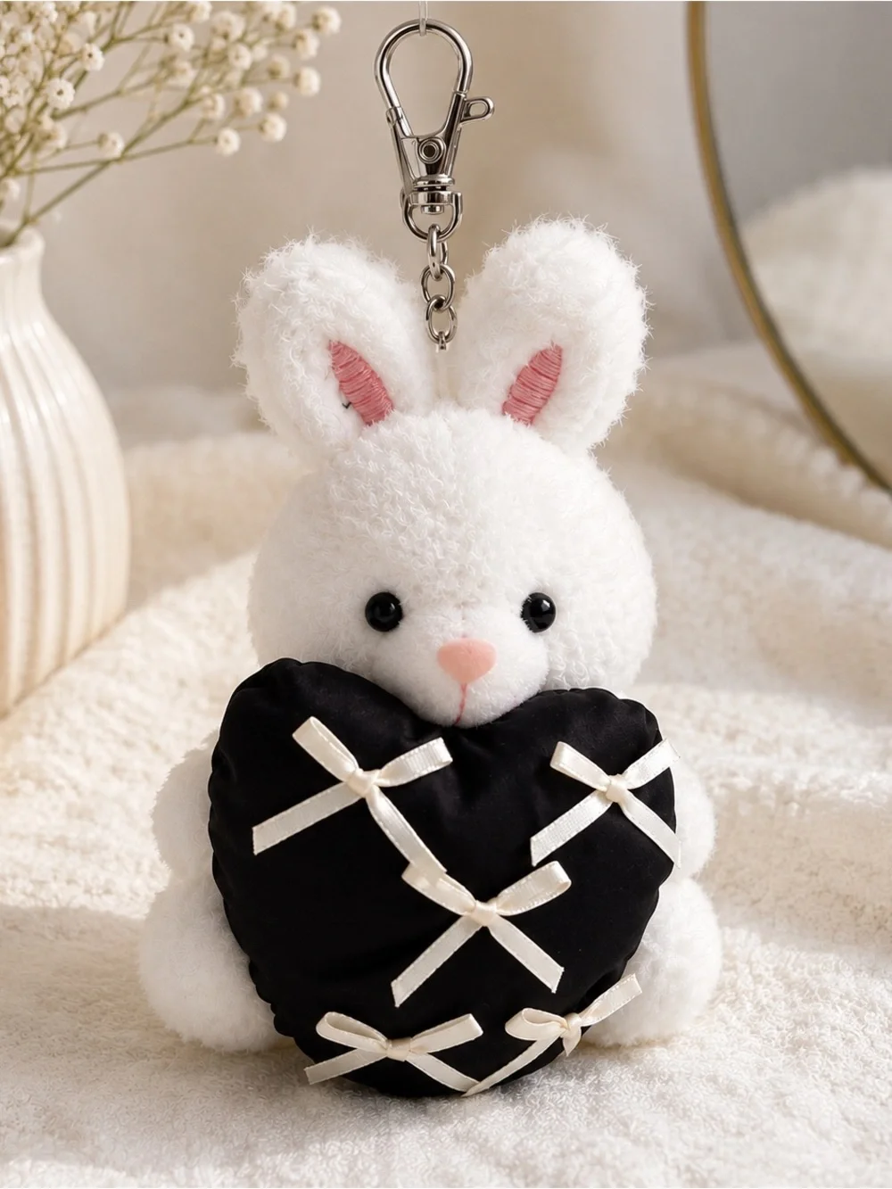 5 for $25 | Plush White Bunny Keychain with Black Heart